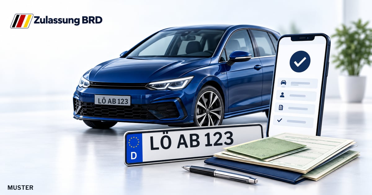 Online Fahrzeugzulassung in Landkreis Lörrach: Musterkennzeichen LÖ AB 123, Auto und Fahrzeugpapiere und Smartphone. Illustration mit Logo von Zulassung BRD.